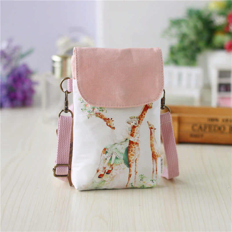 ["Гореща продажба на цветна и свежа рисуваща чанта за момичета Kaka Tribe Canvas Печат ръка с наклонена пресичаща мобилна чанта"]
